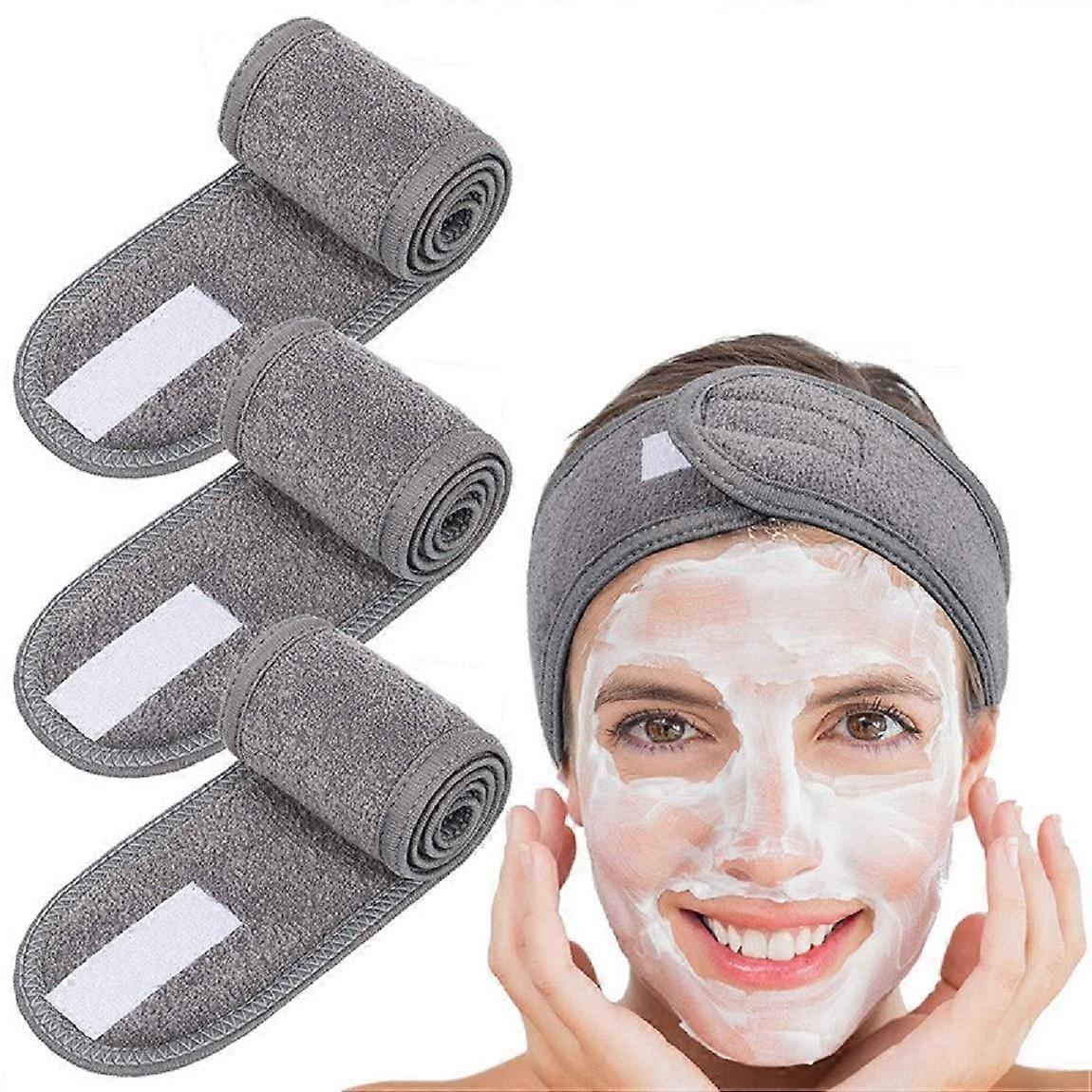 Spa Headband 3 Pack Adjustable Towel Wrap with Hook Loop Closure Soft Terry Cloth Grey