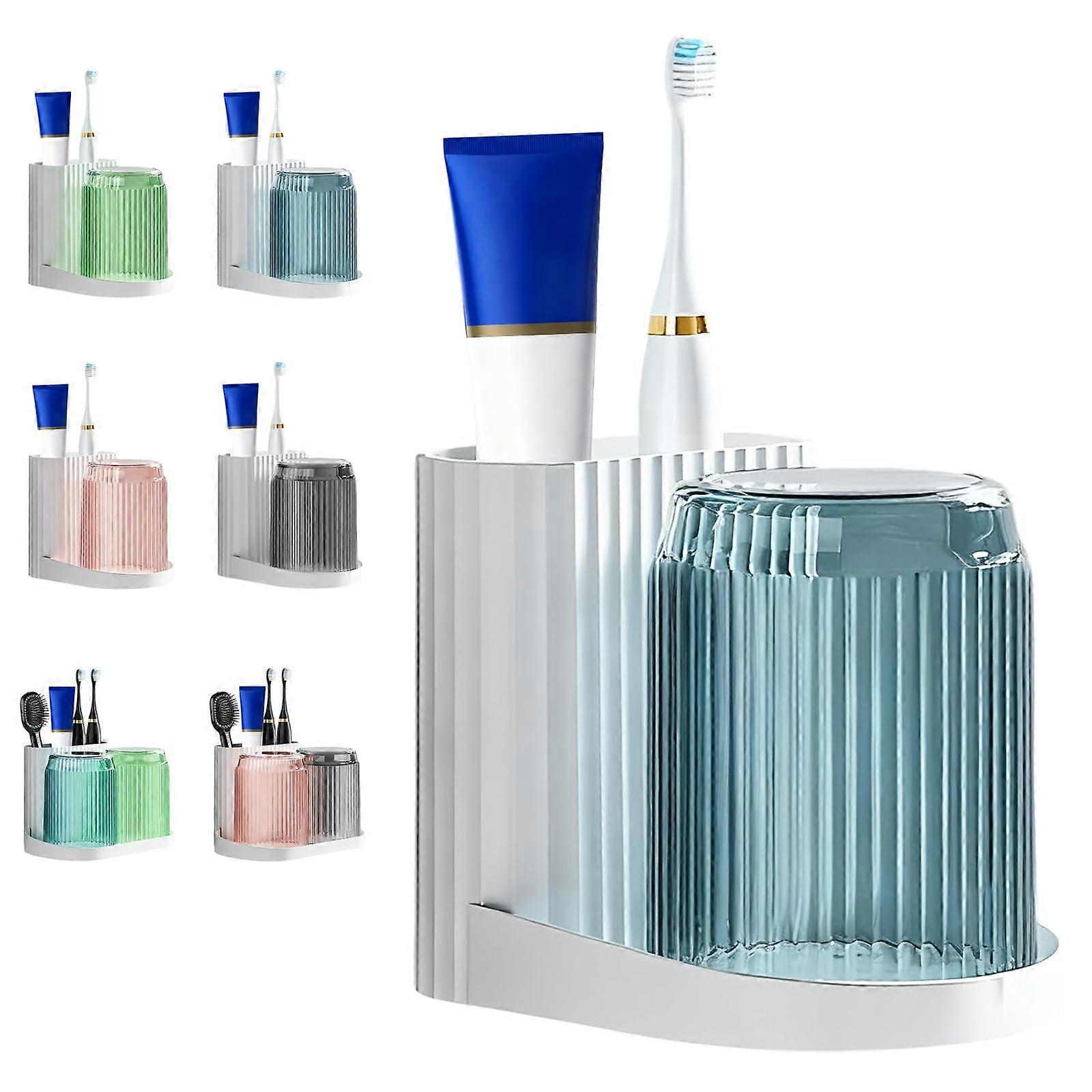 Toothbrush Holder Wall Mounted with Drainage, Compact Bathroom Organizer for Toothpaste and Cups, Blue
