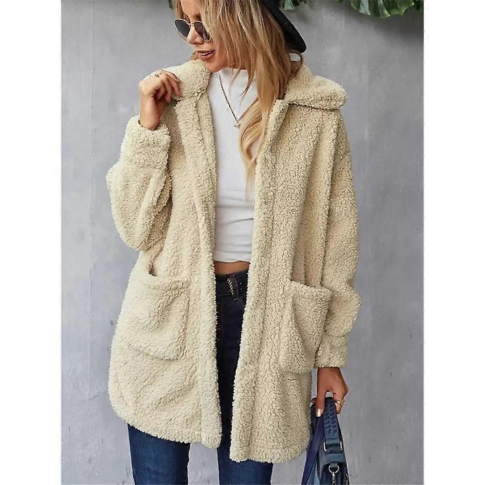 Women's solid color long-sleeved lapel double-sided plush cardigan jacket