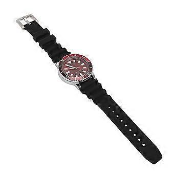 Relógio analógico automático masculino com bisel giratório, mostrador prateado e vermelho, 42 mm.
