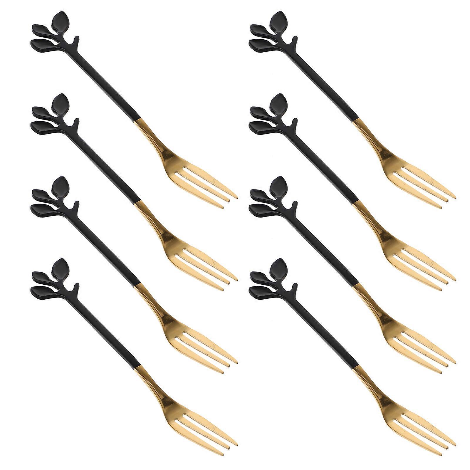 Black Gold Leaf Fork Metal Fruit Forks for Dessert 8Pcs Multi-Function Set