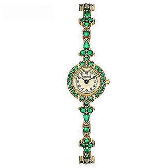 MOKAGO Women's Luxury Watch - Gold Bracelet with Green Gemstone Bezel & Dial - Elegant Fashion Accessory
