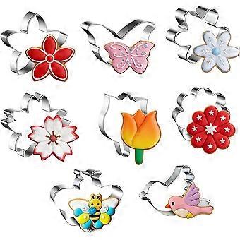 8 PCS Flower Cookie Cutters Set, Stainless Steel Flowers Cookie Cutters, Daisy, Tulip, 3 Shaped of Flowers, Butterfly,Cherry Blossom (Bee & Bird) (sil