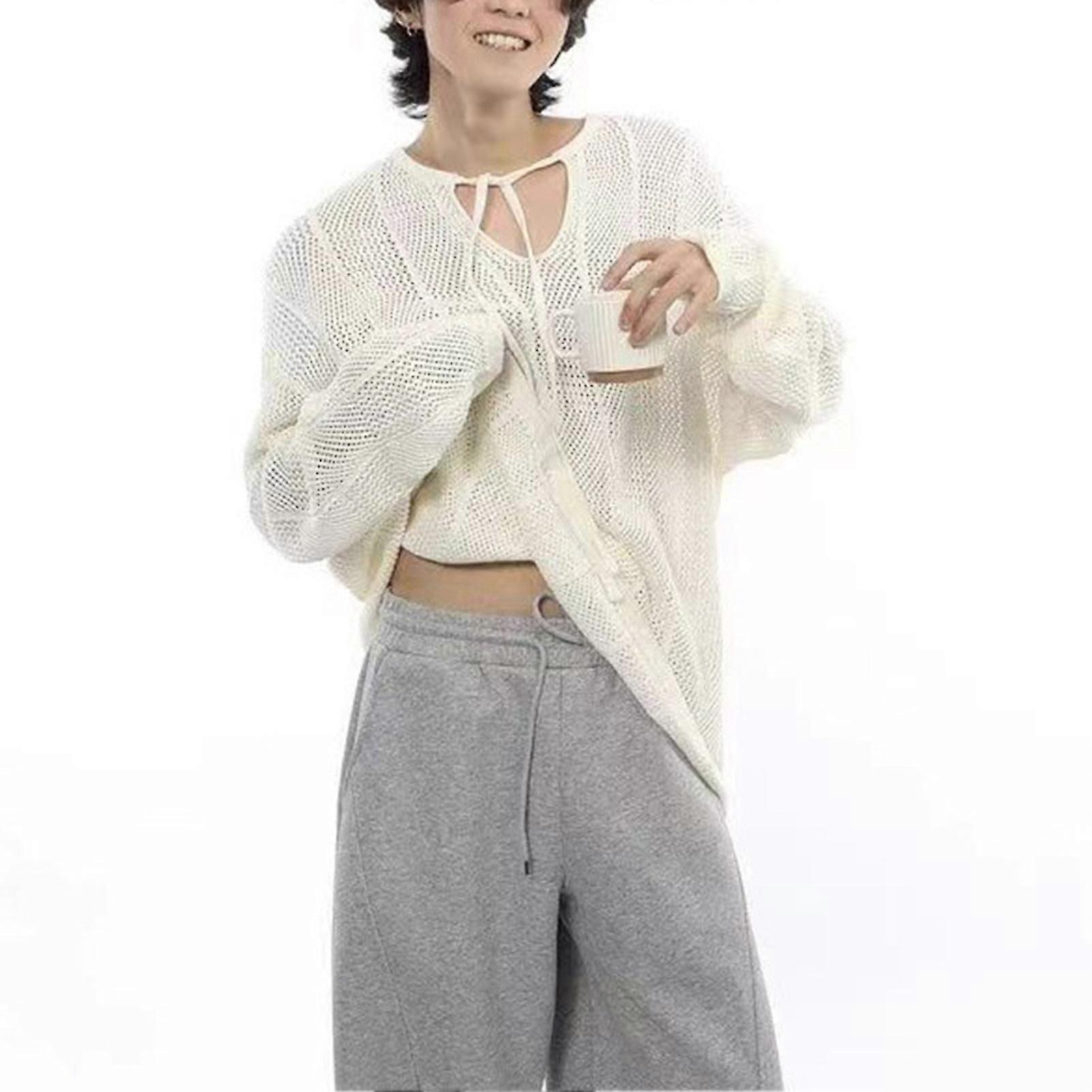 Fall Winter Men Sweater Hollow Out Elastic Drawstring Long Sleeves Solid Color Knitted Pullover Top