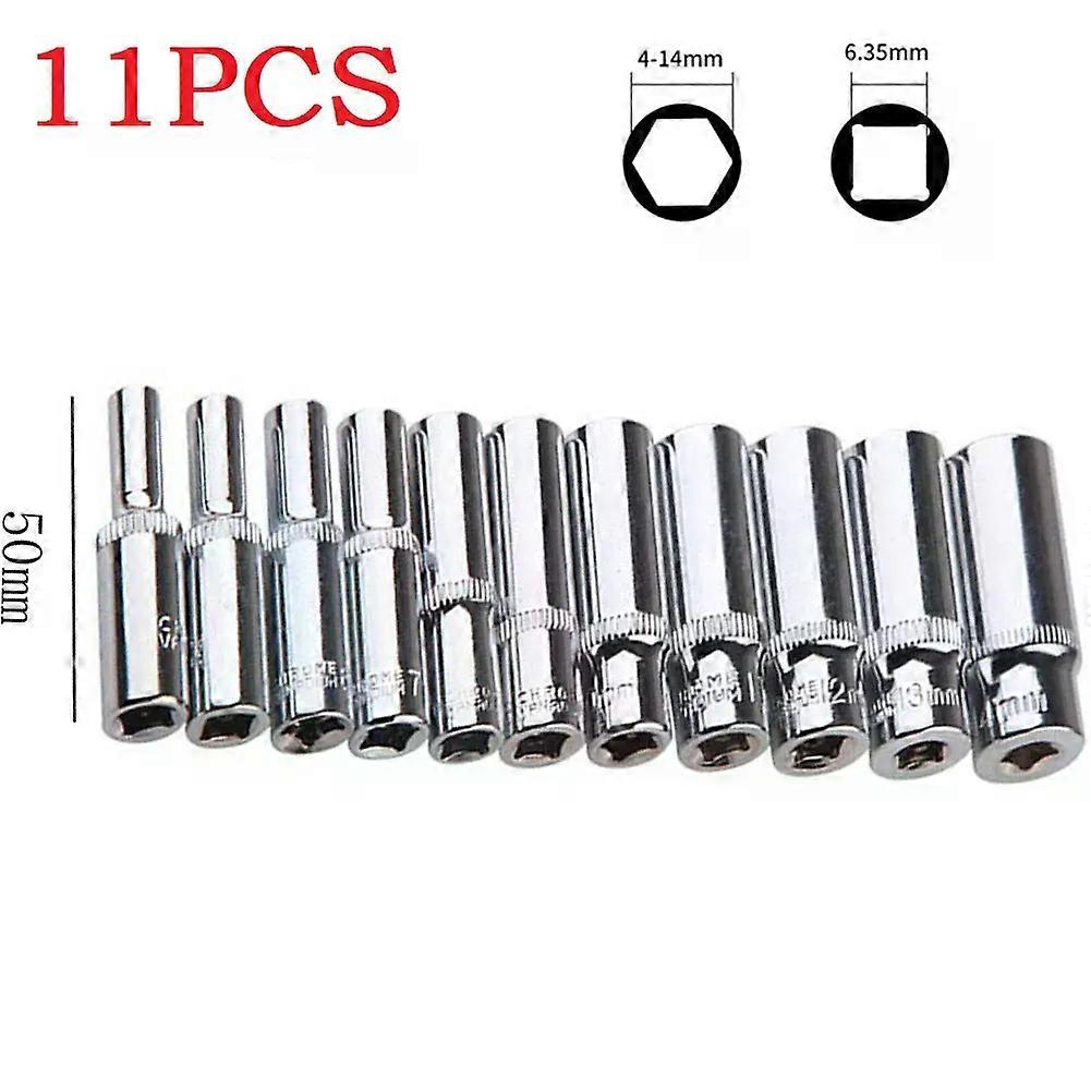 11pcs/set Silver 1/4 Socket Set Adapter Long Sockets 4-14mm Deep Socket Tool Heads Torque Spanner Ratchet Socket Wrench