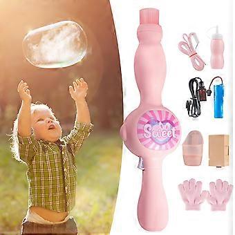 Rechargeable Pink Bubble Machine for Kids with Colored Light Effects and Interactive Fog Bubbles