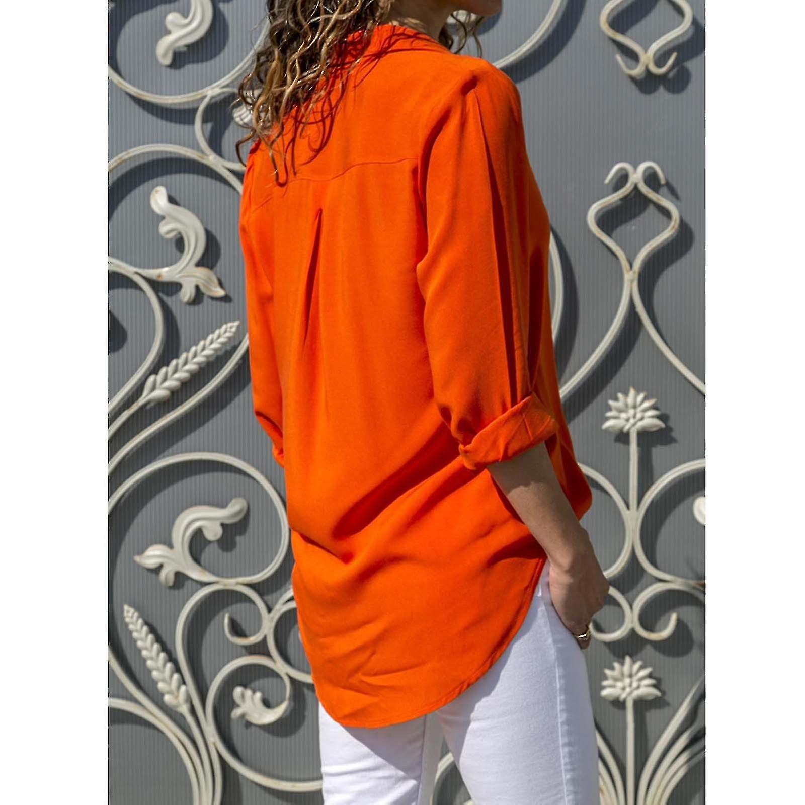 Women Long Sleeve Solid Button Down Lapel Shirt