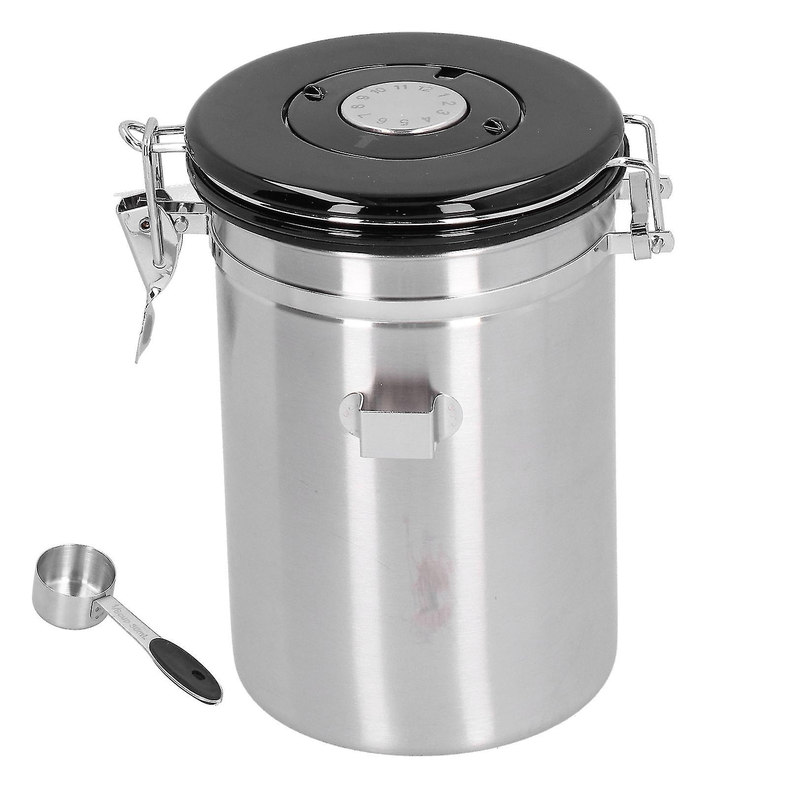 Coffee Bean Canister with Exhaust Valve, Stainless Steel Airtight Storage Container with Spoon, Silver