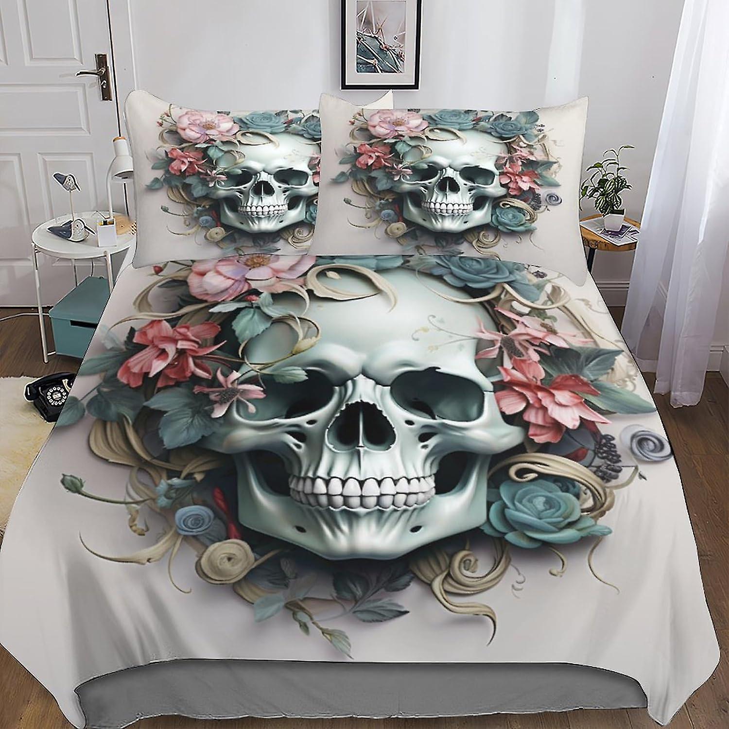 VCLUST Blommor Skull 3D för barn och vuxna Tryckt påslakan Set med örngott Quilt Sängkläder Set 3 Piece Set Evil Skeleton Quilt Cover