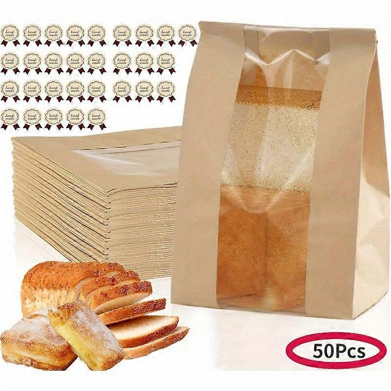 "Customizable Labels" 50-Piece Large Kraft Paper Bread Bags With Clear Window - Includes Label Seal Stickers, Perfect For Homemade Bread, Cookies & Tr