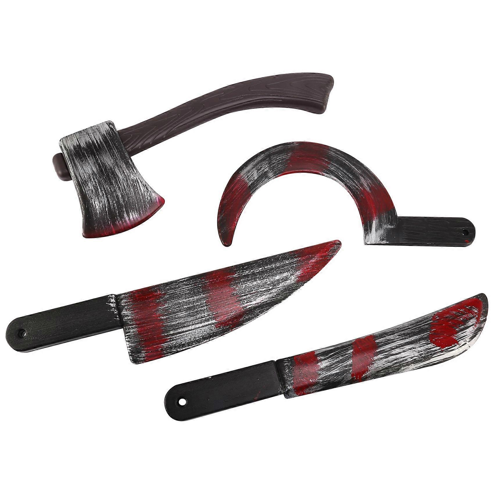 4Pc Plastic Bloody Props Weapon Knife Ax Sharp Cleaver Sickle Role-Playing Horror Toy Party DIY