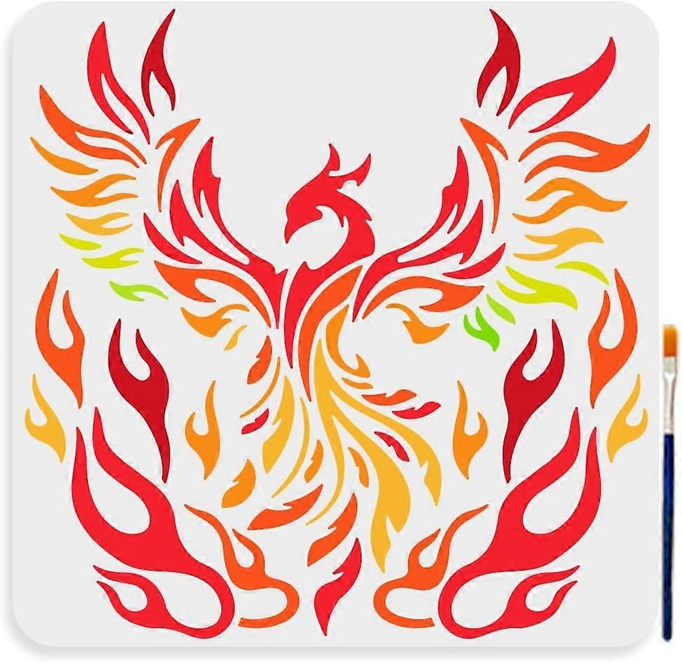 Fire Phoenix Stencil 11.811.8inch Large Firebird Drawing Stencil with Paint Brush Reusable Flying Phoenix Stencil Template for DIY Craft Canvas Wall W