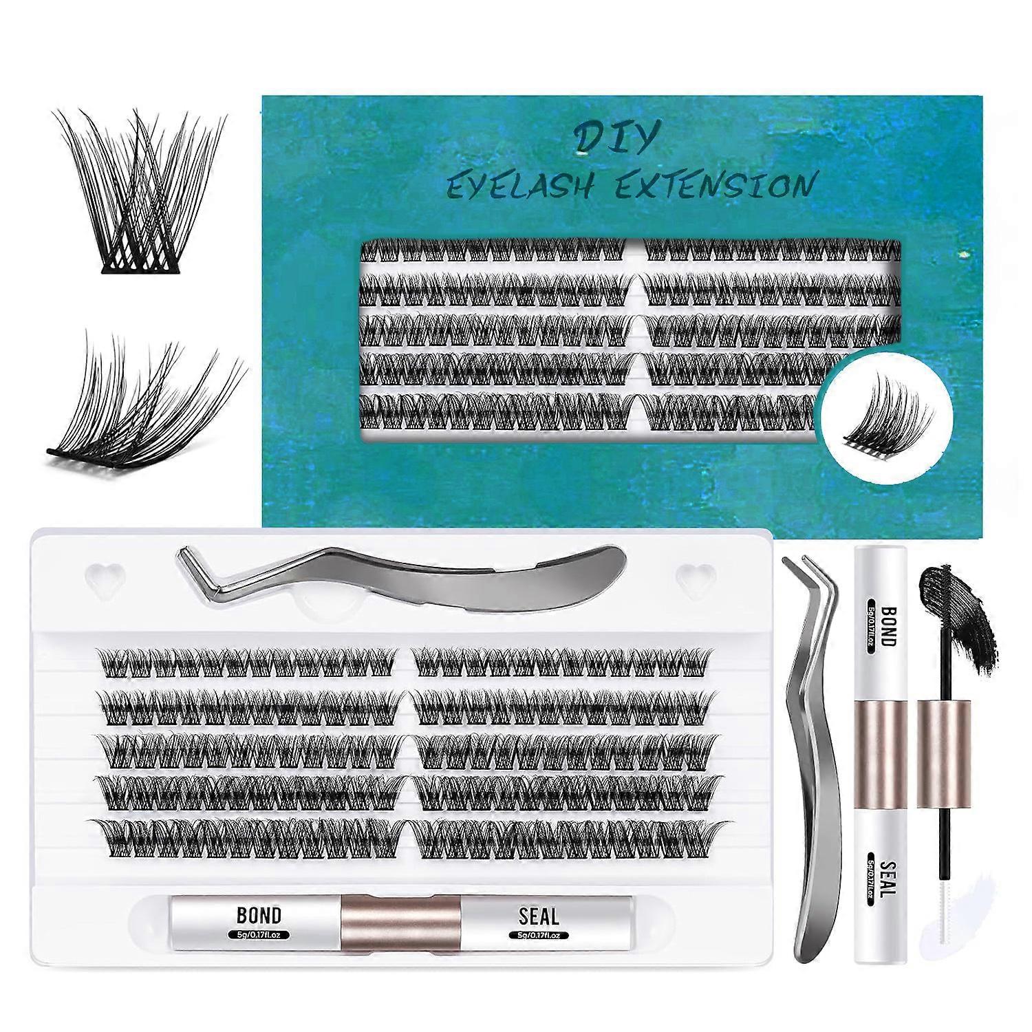 Individual Lashes 120 Cluster Lashes DIY Eyelash Extension Thin Band Wide Stem Clusters with Tweezers and Lash Bond and Seal Kit Mix 10-16mm Length C/