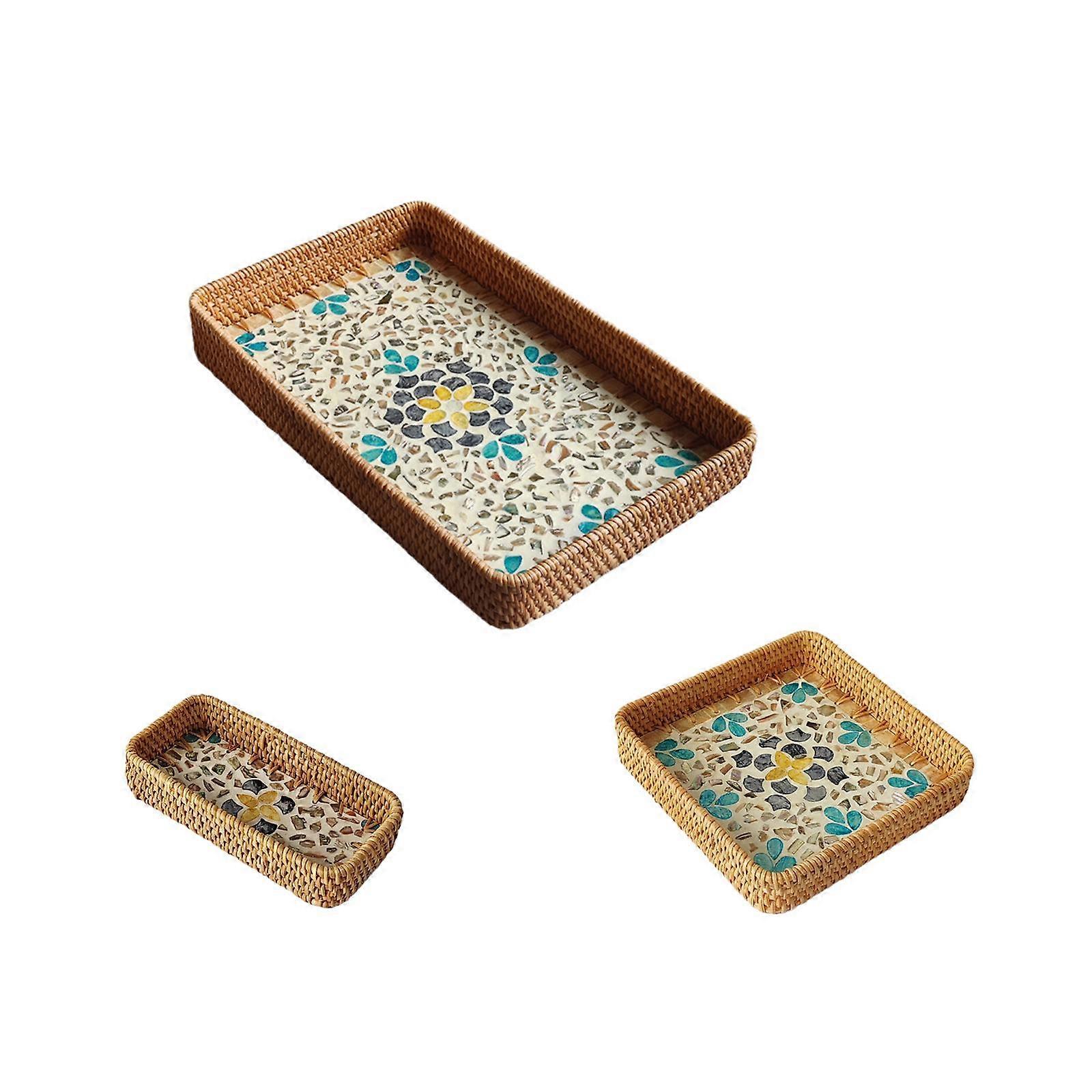 3Pcs Rattan Serving Tray Boho Decorative Storage Tray for Kitchen Countertop Style A