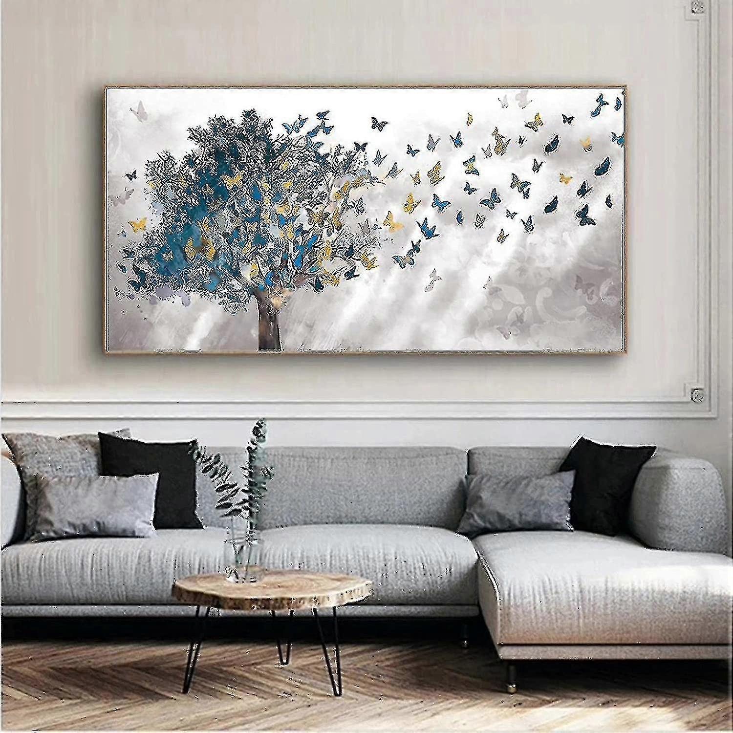 Guld sommerfugl Blue Tree Landskab lærred maleri Post_xmg
