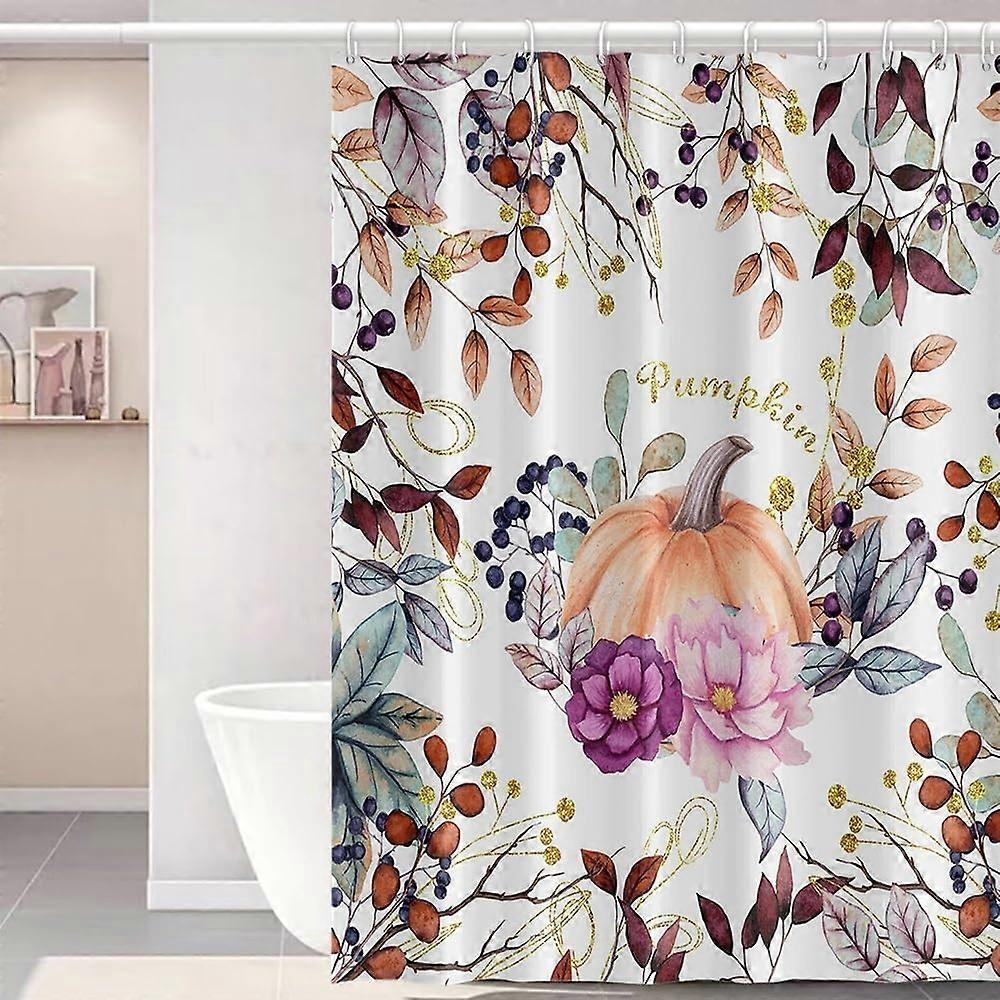 ستارة دش الخريف 72x84 بوصة أوراق الذهب البرتقالي فواكه القرع ستائر دش طقم مع خطافات زهور أرجوانية مقاومة للماء ستائر دش النسيج