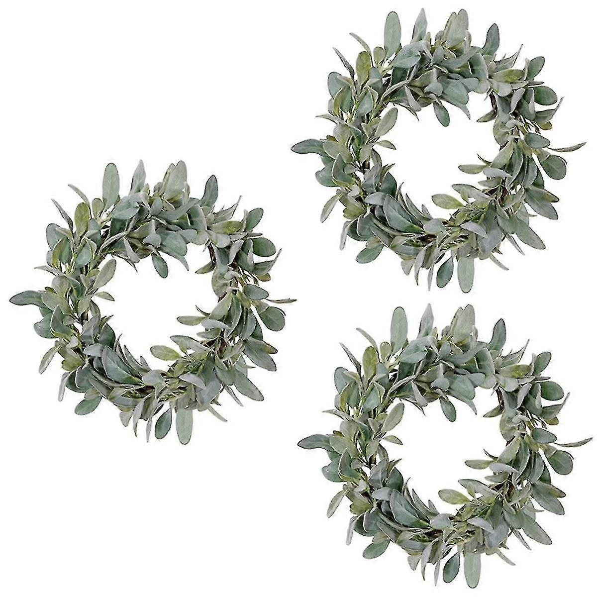 3 Pcs Spring Flocked Lambs Ear Wreath, Year Round Everyday Foliage Wreath on Grapevine Base with Greenery Leaves