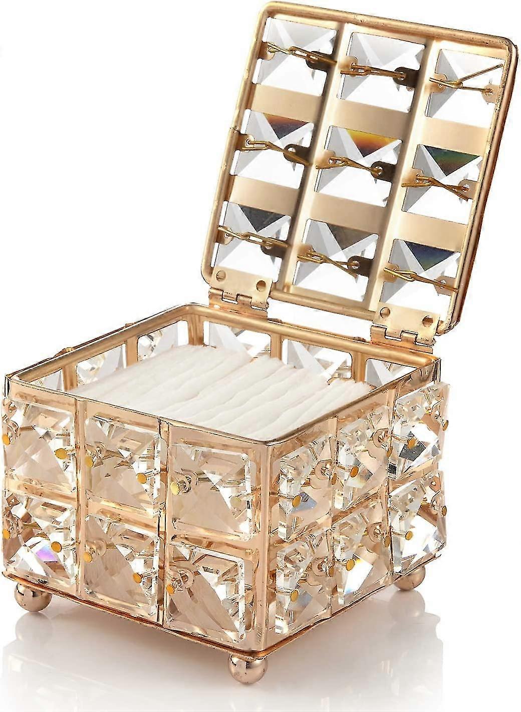 Crystal Cosmetic Storage Container, Small Cosmetic Box With Lid For Cotton Pad Dispenser & Cotton Swab Holder, Square Diamond Pattern Makeup Storage B
