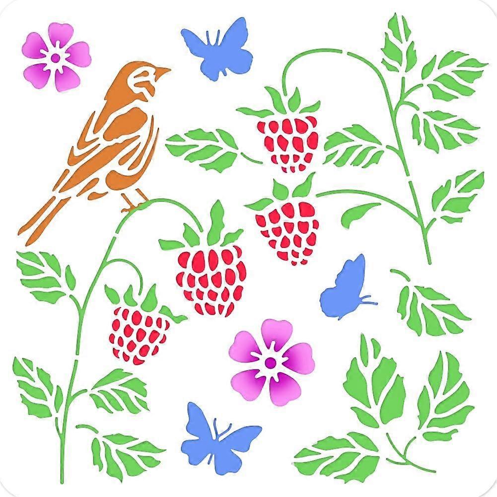 Bird Raspberry Painting Stencil 11.81x11.81 Inch Reusable Craft Stencils Hollow Out Drawing Painting Template for Painting on Wood Fabric Paper Walls