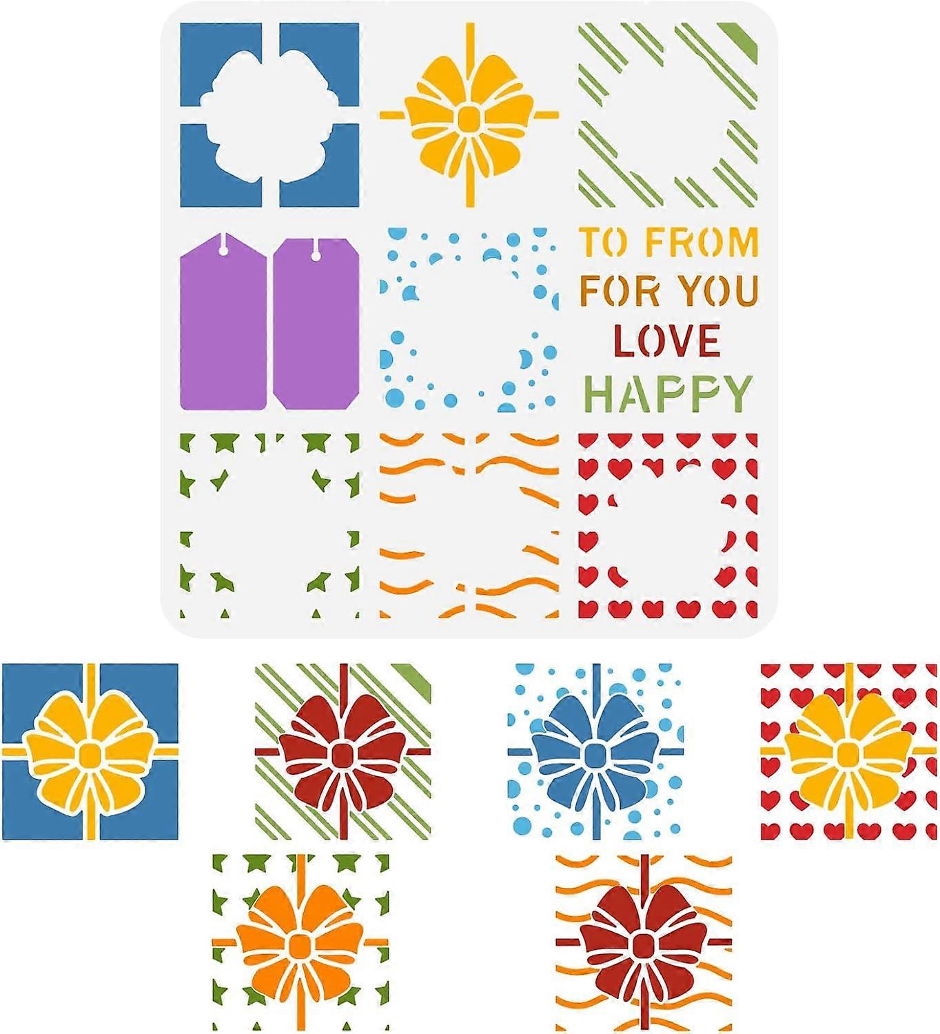 Layered Gift Box Stencil for Painting 11.8x11.8 inch Plastic PET Bow Knot Lines Round Pattern Drawing Template Wavy Lines Star Heart Painting Stencil 