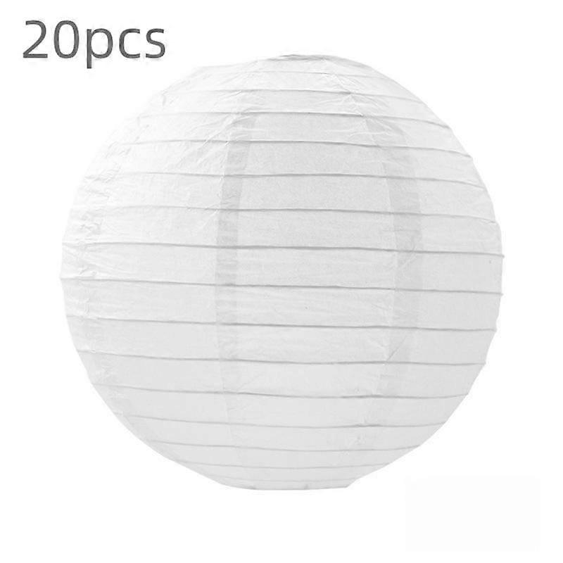 20 Pcs White Round Paper Lanterns With Wire Ribbing, Different Sized