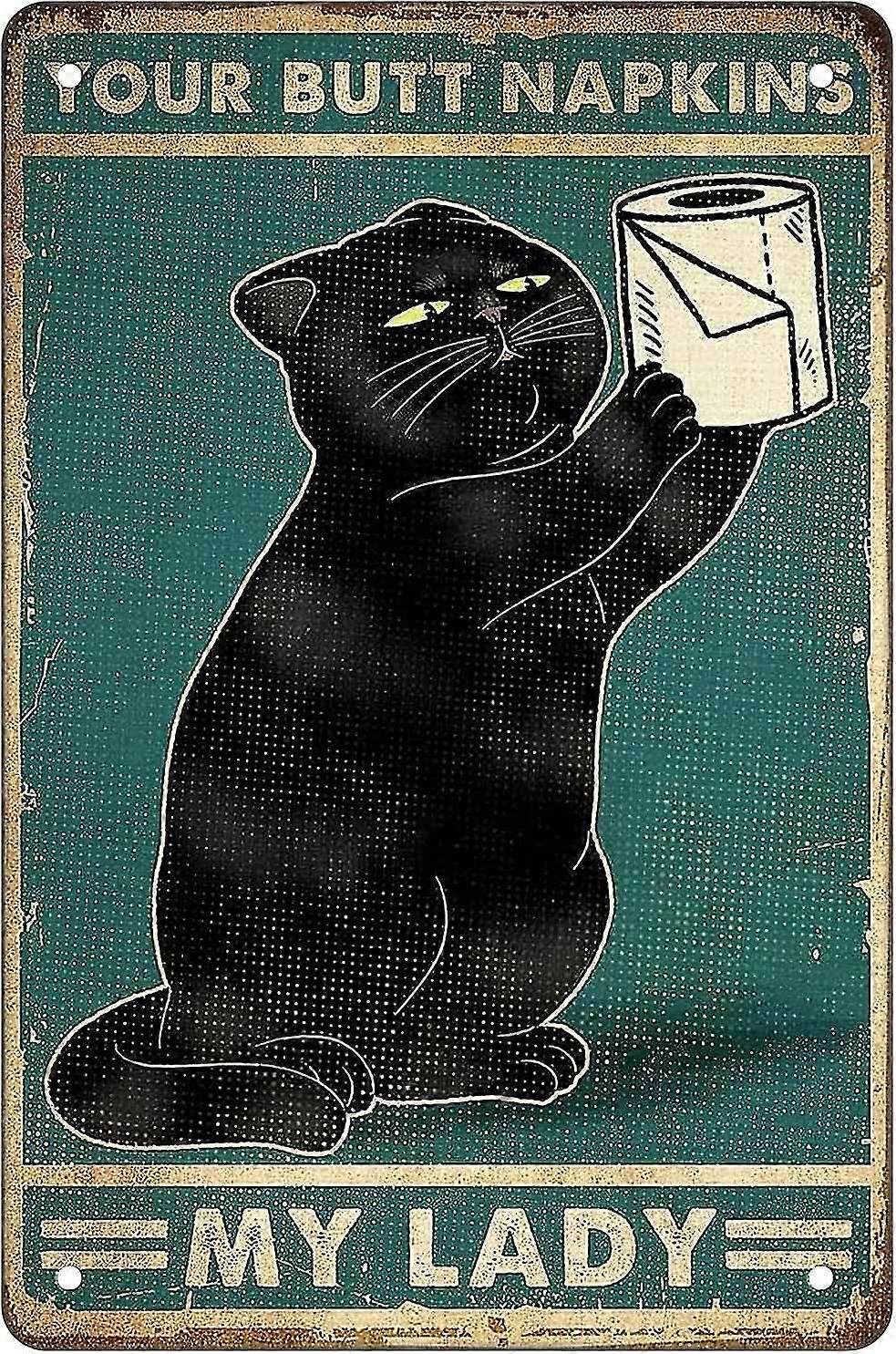 Placa de Metal Vintage para Banheiro com Gato Preto Engraçado em Lata 8x12 Polegadas OU 12x16 Polegadas Modo 202