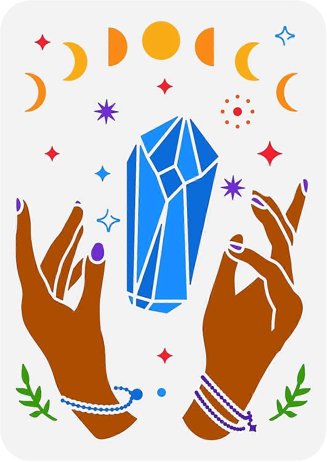 Crystal Moon Hand Painting Stencil 8.3x11.7inch Plastic Moon Phase Drawing Template Reusable Diamond Star Decor Stencil for Painting on Canvas Scrapbo