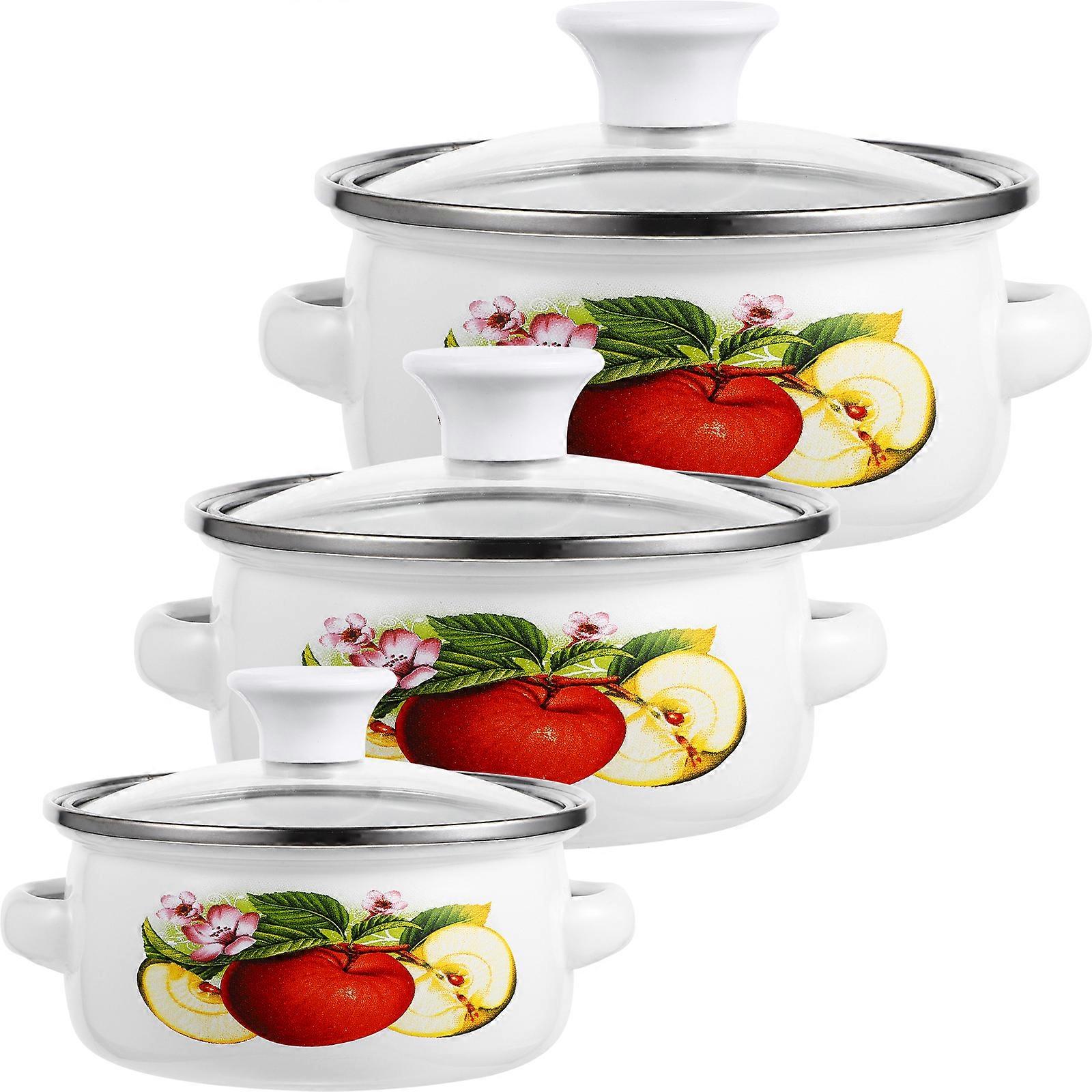 3Pcs Mini Soup Pot Enamel Stew Pot Flat Bottom Stockpot Cooking Stew Noodle Pot Random Pattern