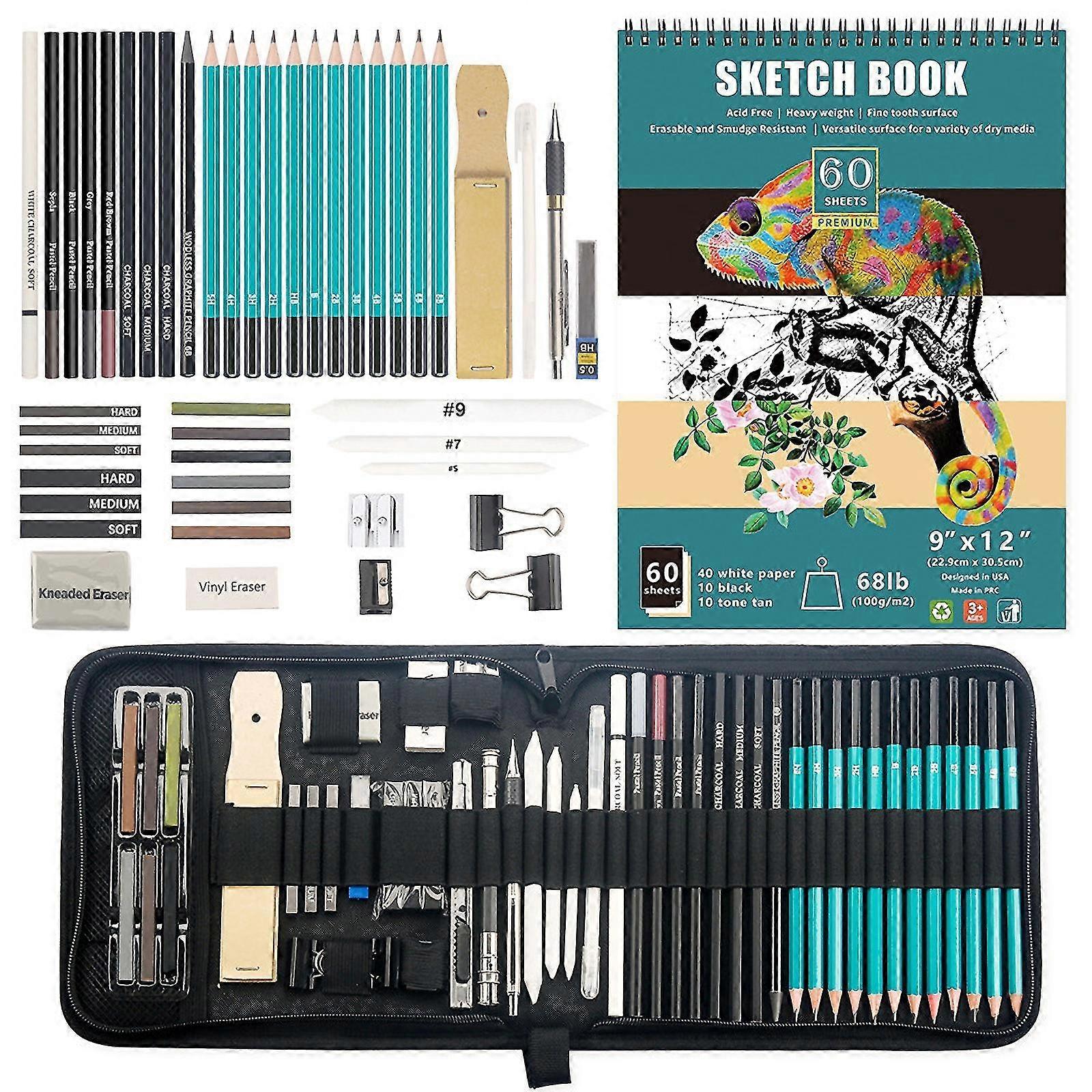 50-teiliges Zeichnungs- und Skizzenkunst-Set - Ultimatives komplettes Künstler-Kit, Graphit- und Kohlestifte und -stöcke, Pastelle, Radiergummis
