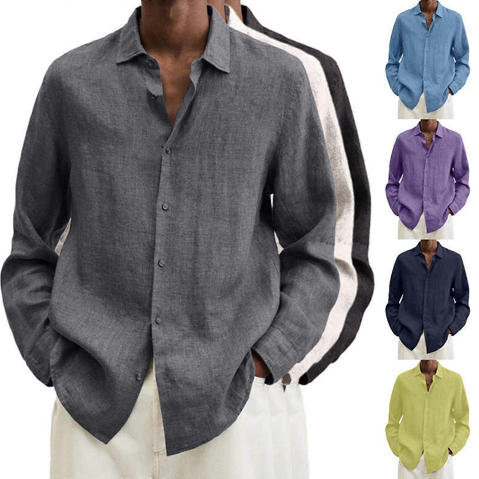 2023 NYE langermede bomullsskjorte i bomull for menn Casual Solid Button-up Baggy Tops