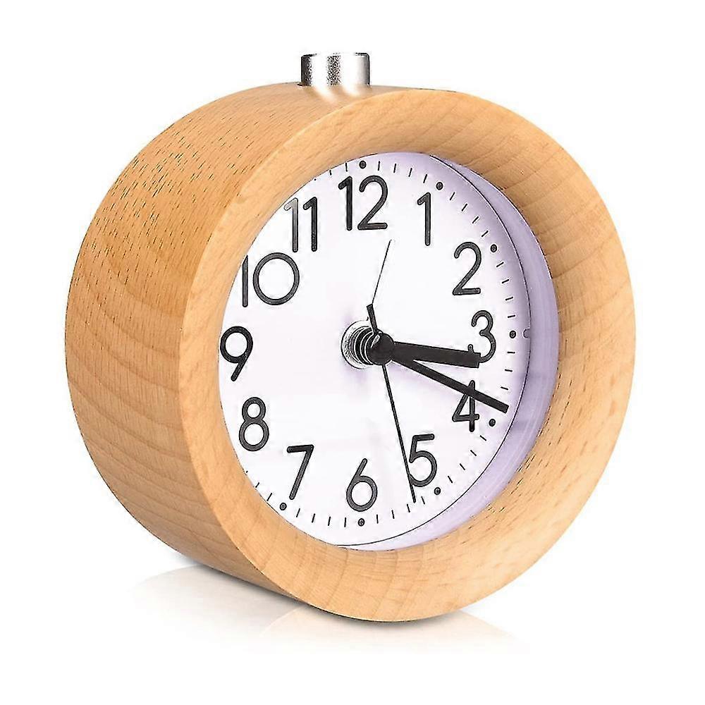 Analog Wood Alarm Clock With Snooze - Retro Clock With Dial Alarm Light - Quiet Vintage Wood Table Clock Without