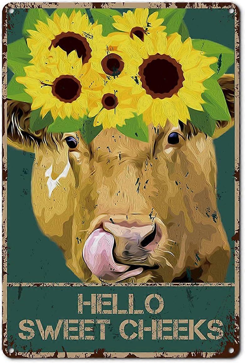 Placa de Parede de Metal com Citação Engraçada de Banheiro - Vintage Olá Bochechas Doces Vaca com Flores Placa de Lata para Banheiro Banheiro WC Decoração de Banheiro Presentes 8x12