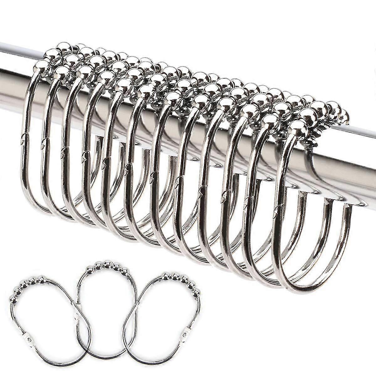 Wide Shower Curtain Rings,hooks Set, Decorativepolished Chrome Finish, Easy Glide Rollers, Rustproof Stainless Steel, Set Of 12 Rings For Shower Rods,