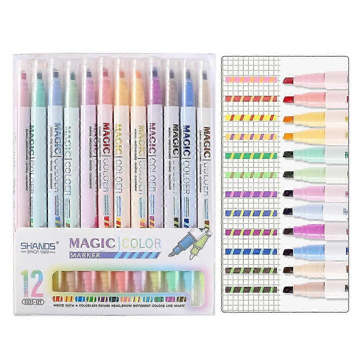 12-color Ledger Pen Double-head Color-changing Highlighter Student Note Drawing Doodle Marker