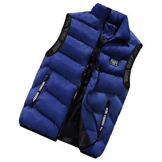Men Winter Vest Stand Collar Thickened Padded Soft Windproof Warm Neck Protection Solid Color Sleeveless Zipper Closure Strap Decor Pockets