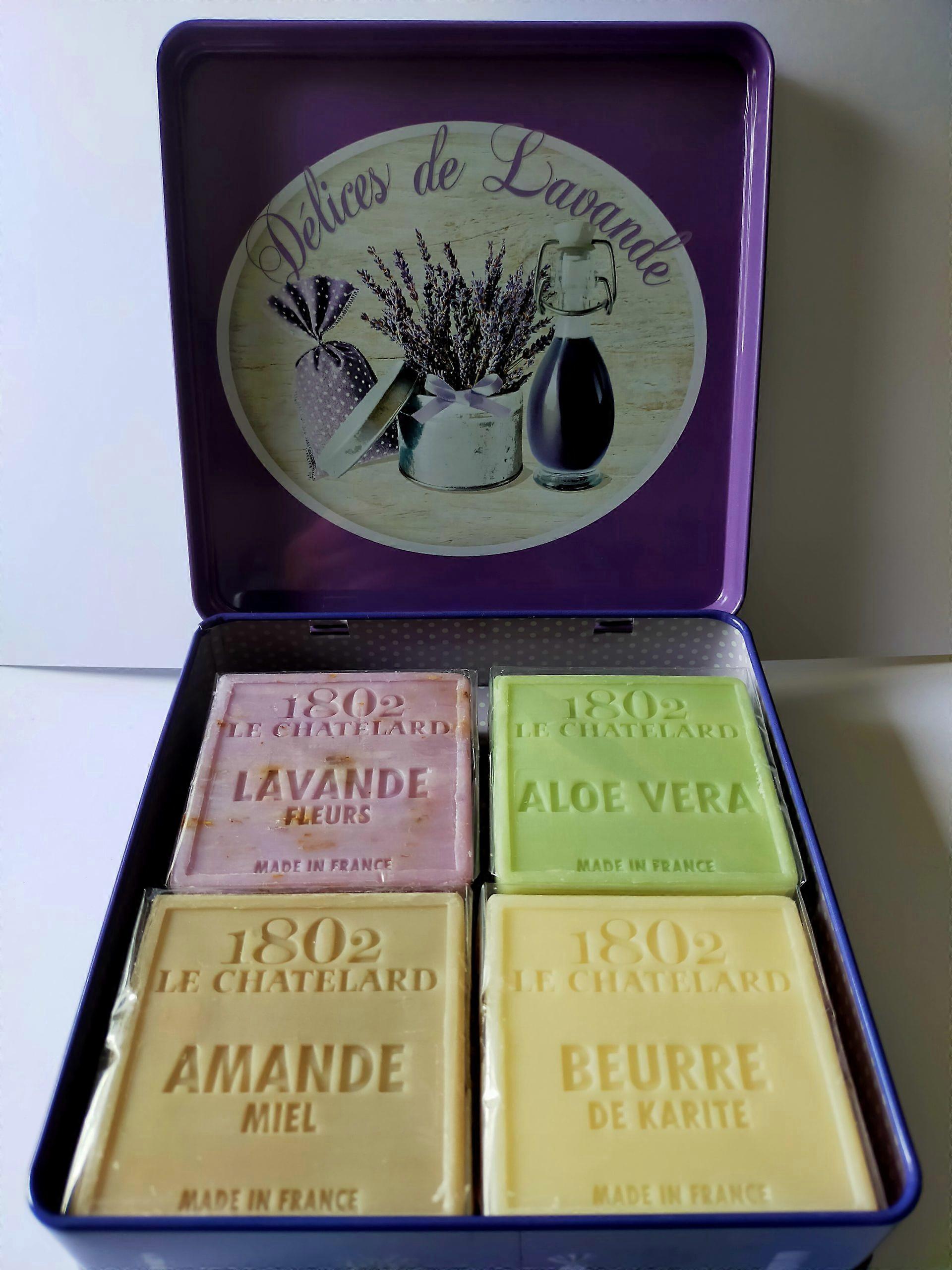 Metal soap tin square with print Délices de Lavande with 4 Marseille soap without palm oil lavender