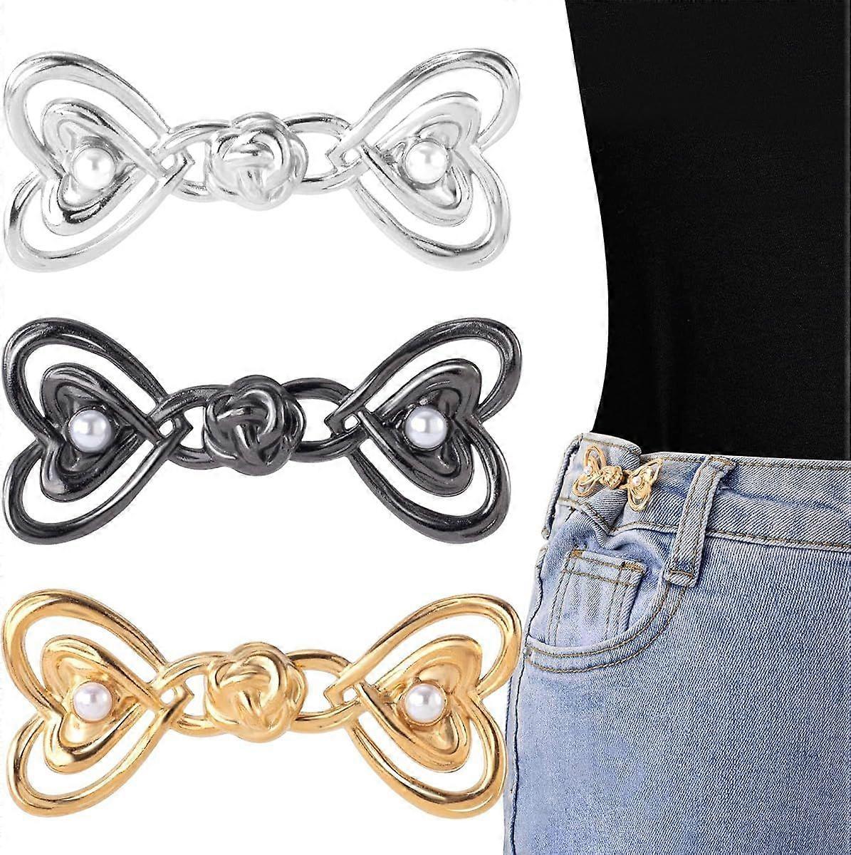 3 Sets Heart Pant Waist Tightener, Adjustable Jeans Button Pin Clips, No Sew Detachable for Loose Jeans to Make Smaller Instant Silver Gold Black