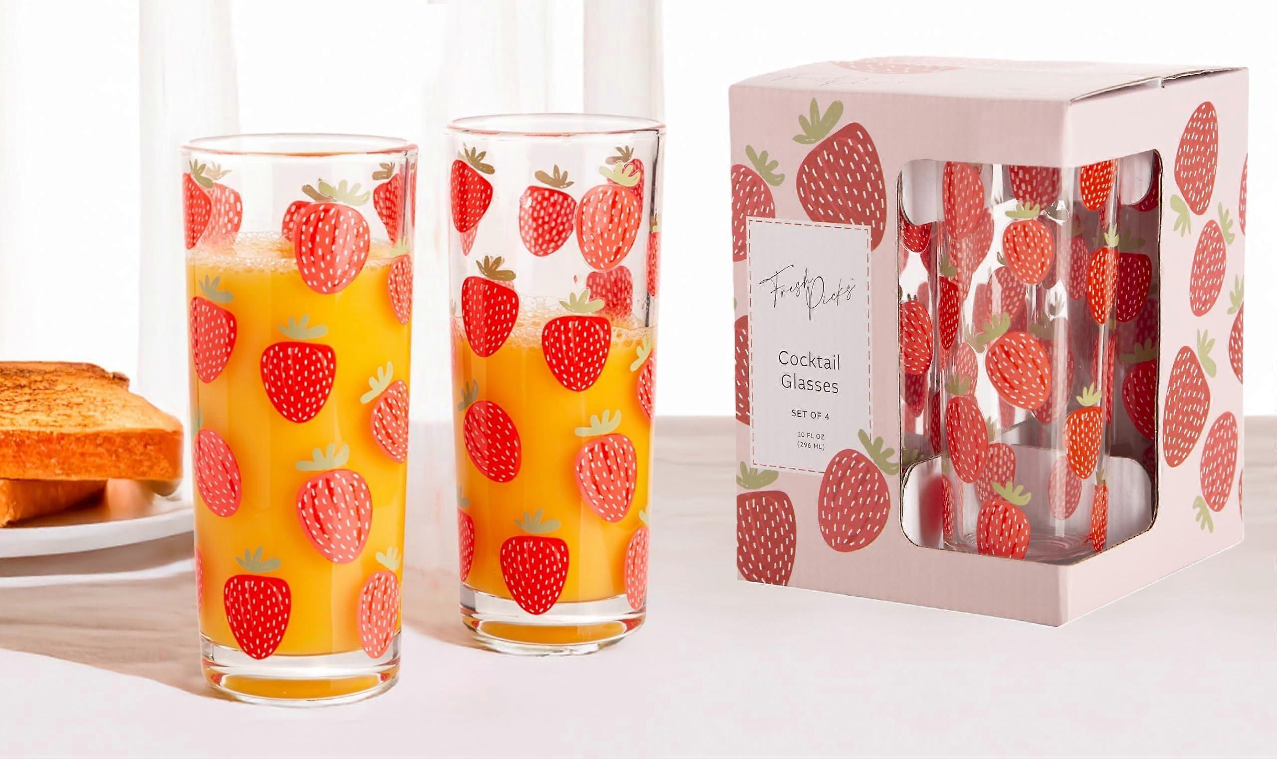 4 Set Highball Glasses with Strawberry Pattern for Drinking Cocktail and Juice 10 Oz
