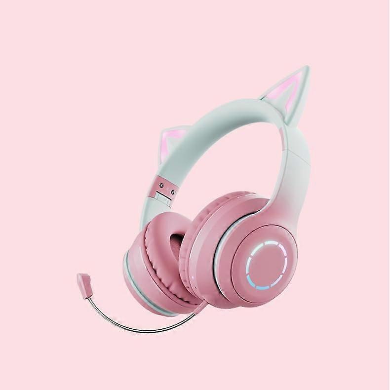 Headworn Cat Ear Luminous Wireless Bluetooth Headphones with Microphone 's Earphones (Gradient Pink)