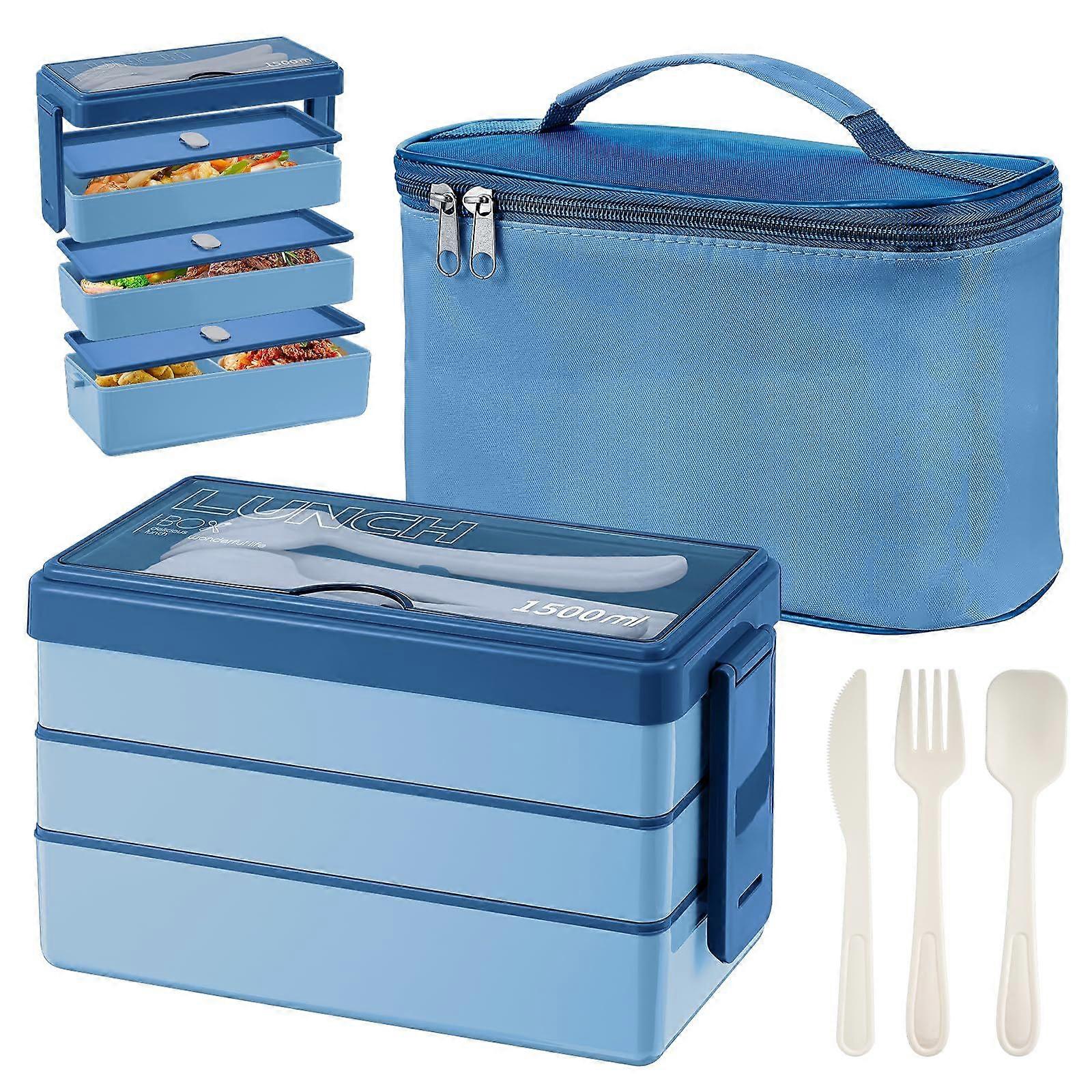 1450ml 3-Tier Lunch Box with Cutlery Set, Lunch Box with Insulated Bag Suitable for Student Office Adult Office Microwave Dishwasher Safe (Blue)