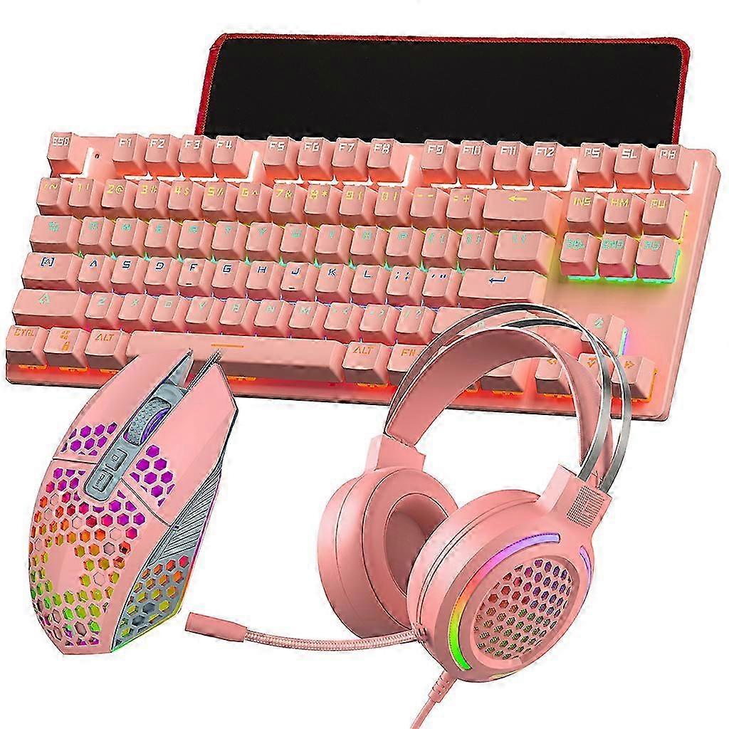 Pink Wired Mechanical Keyboard Mouse & Mat Headset Kit Laptop Computer PC Games
