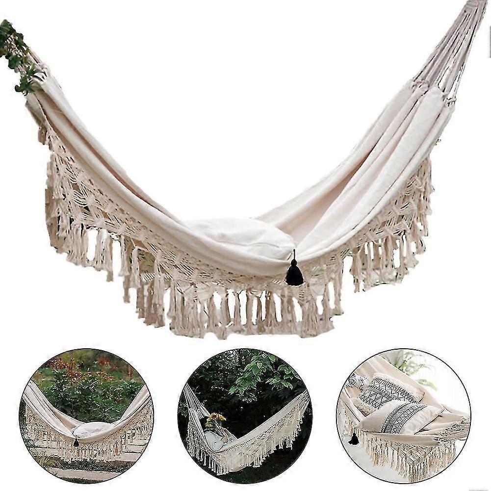 Boho Style Large Brazilian Macrame Fringe Double Hammock Swing Chair For Indoor Outdoor Use With Deluxe Net Design And Heavy Duty Support