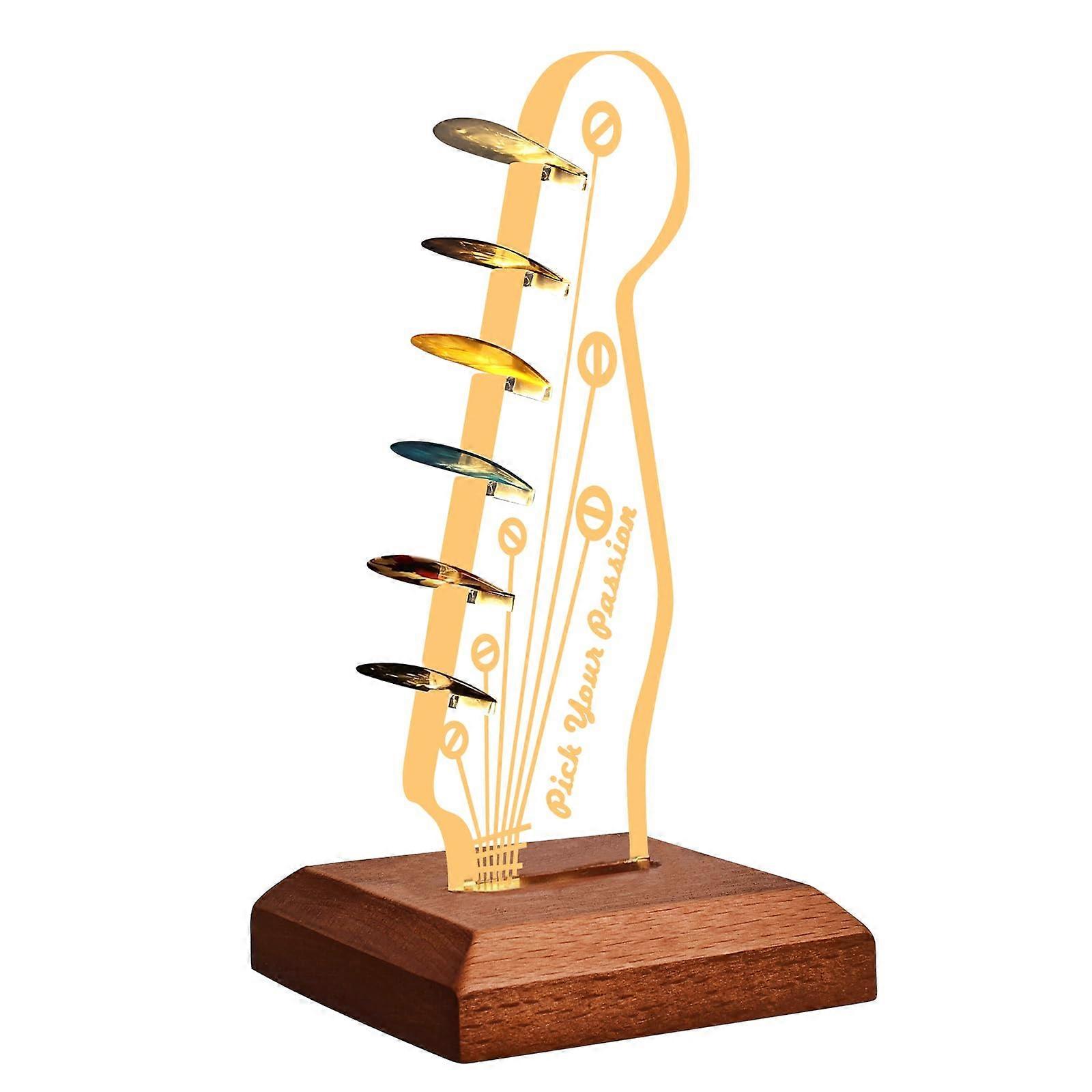 Acrylic Electric Guitar Headstock Shaped Pick Holder with Wooden Base