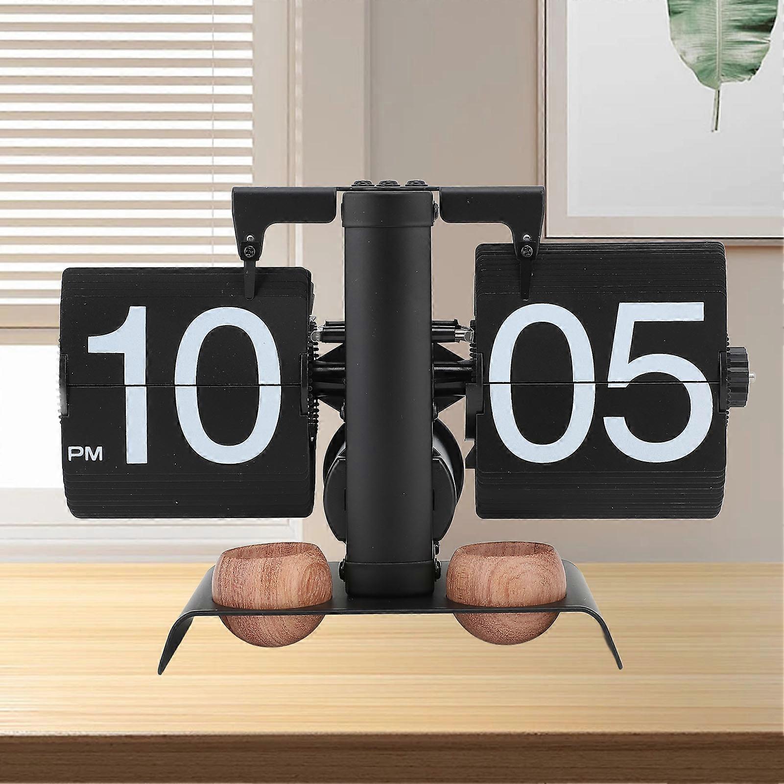 Orologio digitale flip in acciaio inossidabile 304 Orologio da tavolo meccanico a rotazione automatica a batteria retrò con diffusore in legno massello per soggiorno Ufficio