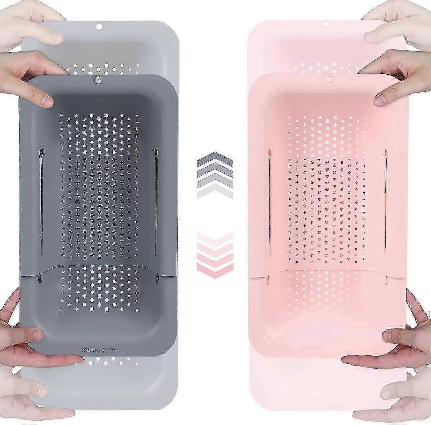 Sink Colander Baskets - (Pack of 2) Wash Vegetables and Fruits, Drain Cooked Pasta and Dry Dishes - Extendable - New Home Kitchen Essentials (Grey & P