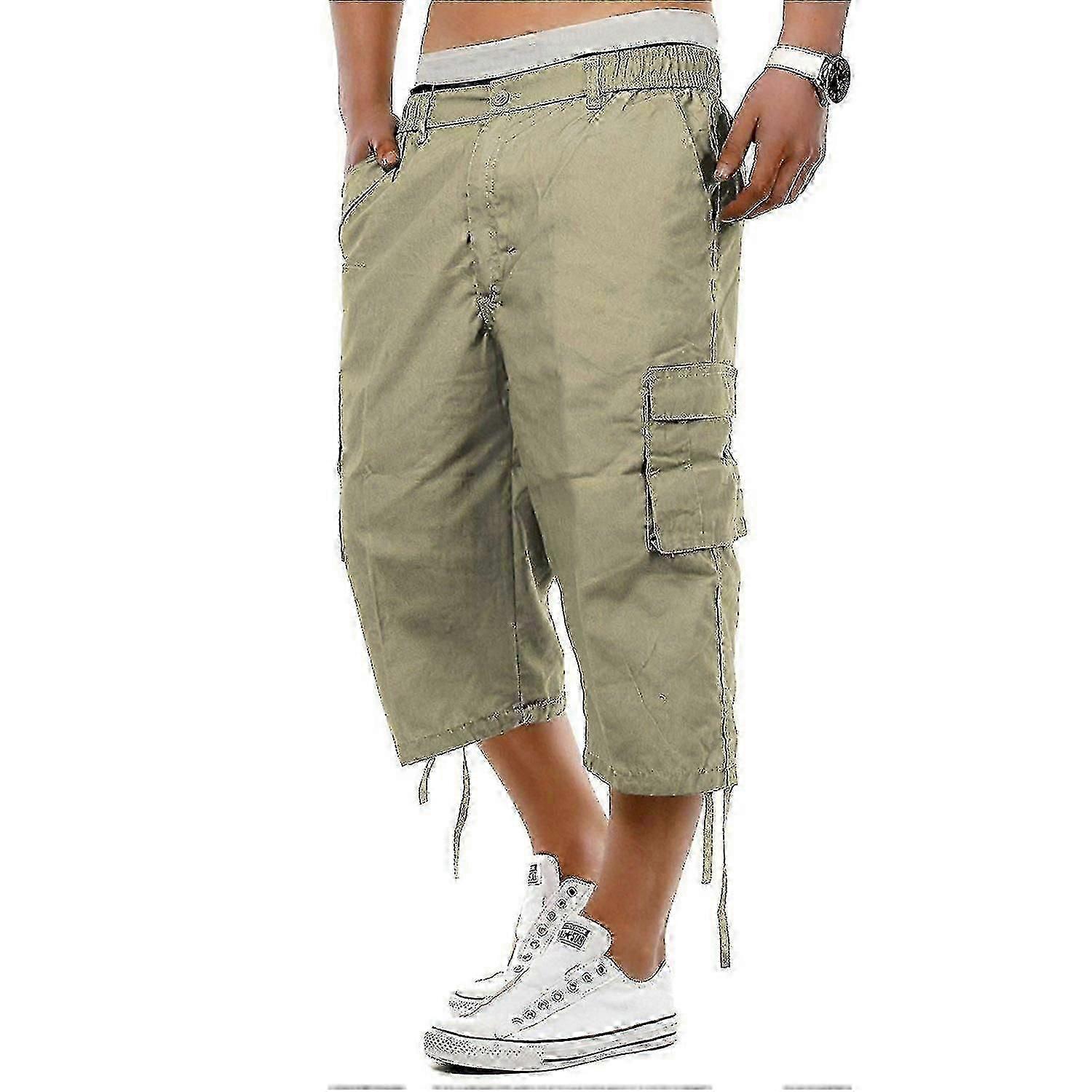 Homens Inseam Abaixo do Joelho Comprimento Cargo Shorts Longos Sarja Casual Elástico 3/4 Capri Pant Com Zíper Cotto