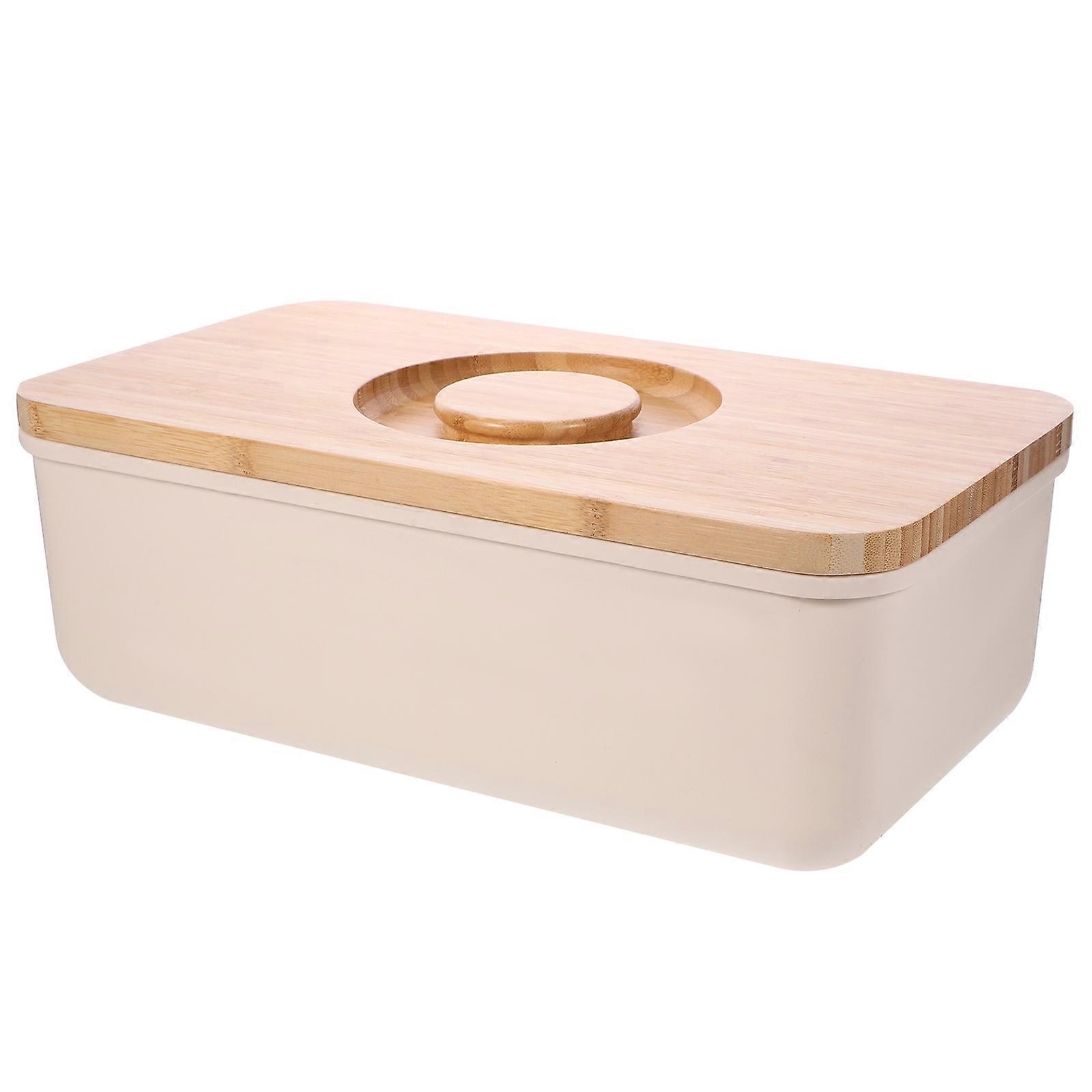 Large Capacity Bread Storage Container Rectangular Design For Kitchen Home Bakery Use Wooden Lid Beige 37.70X21.50X13.10CM 1Pack