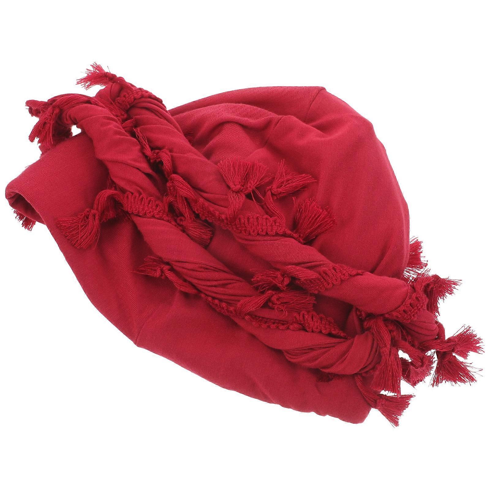 Tassel Design Turban Hats For Men Twisted Turban Daily Wear Dark Red Stretchy 1Set