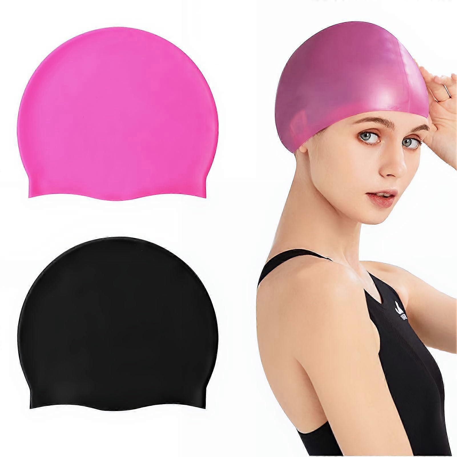Silicone Swimming Caps Pack of 2, Waterproof Soft Bath Caps for Long Short Hair, Stretchy Unisex Swimming Caps in Black Pink
