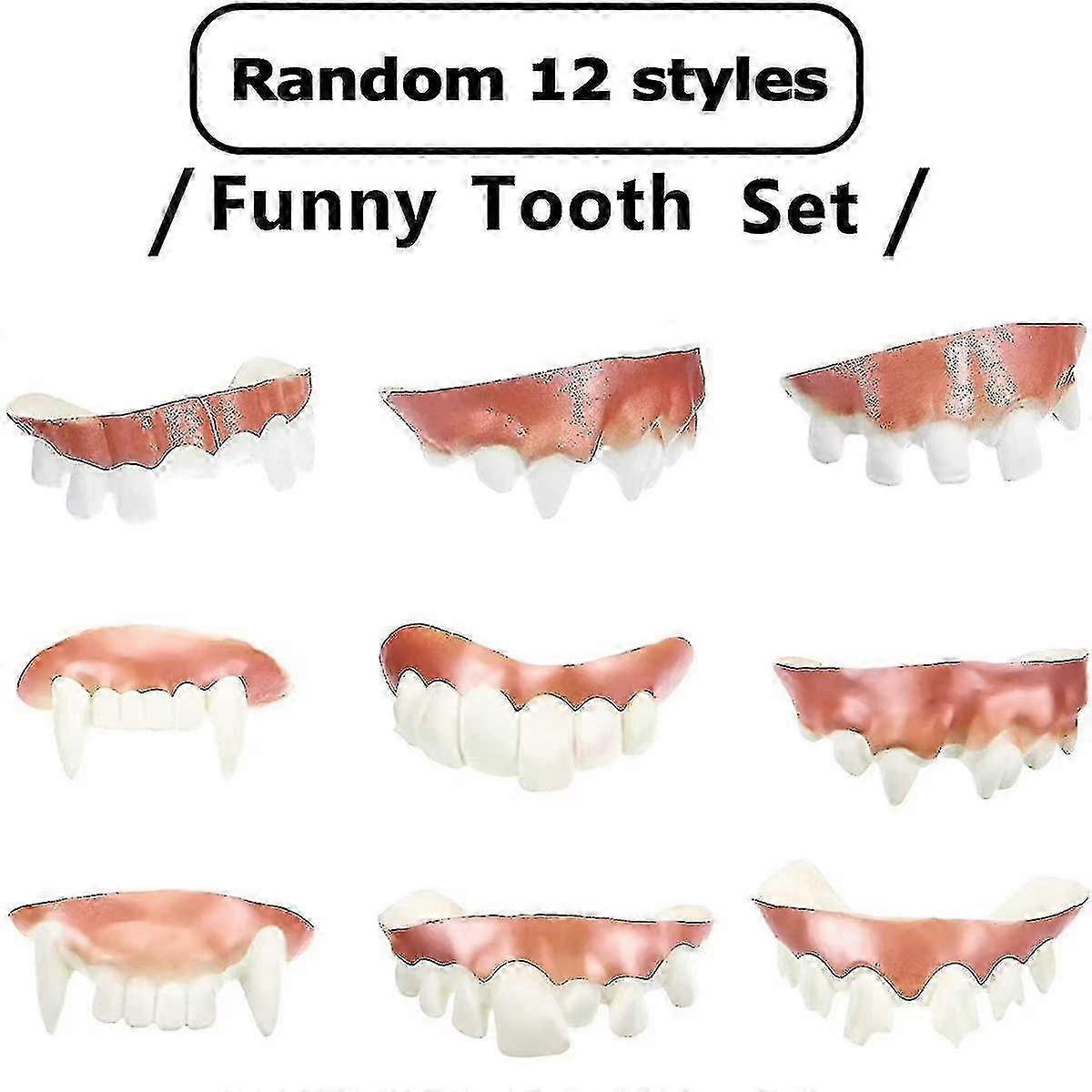12 kusů sada roubíkových zubů, vtipné falešné zuby, praštěné halloweenské zuby, bláznivé upíří zubní protézy, legrační umělé zuby pro halloweenskou oslavu